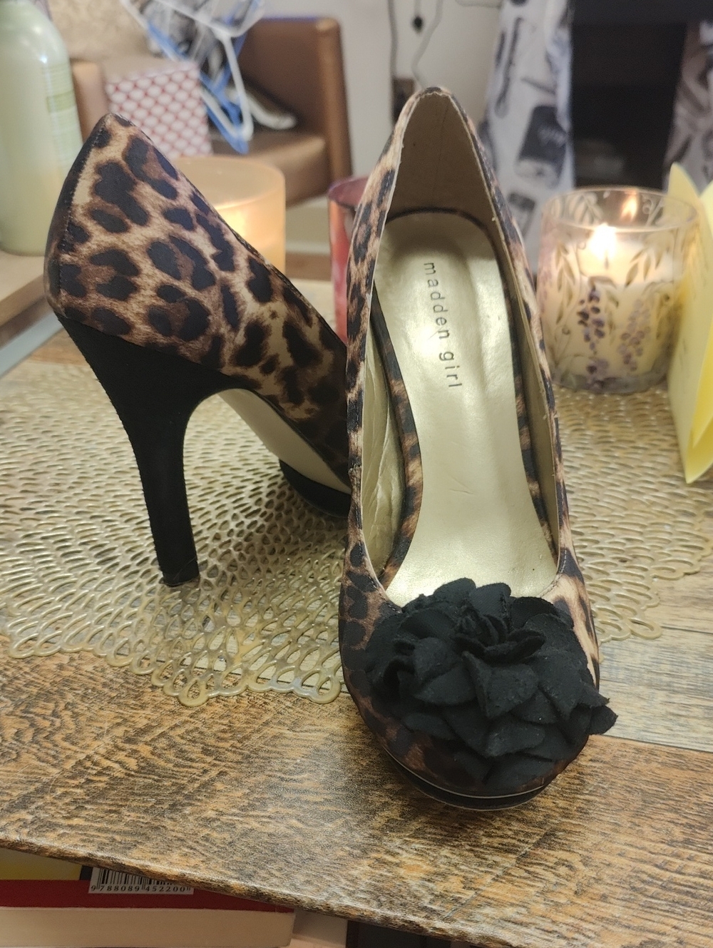 Gorgeous Madden Girl Leopard Print Peep-Toe Heels with Black Floral Accent